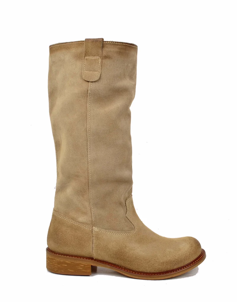 Stivali Biker Pelle Scamosciata Beige Morbido Suola Vero Cuoio