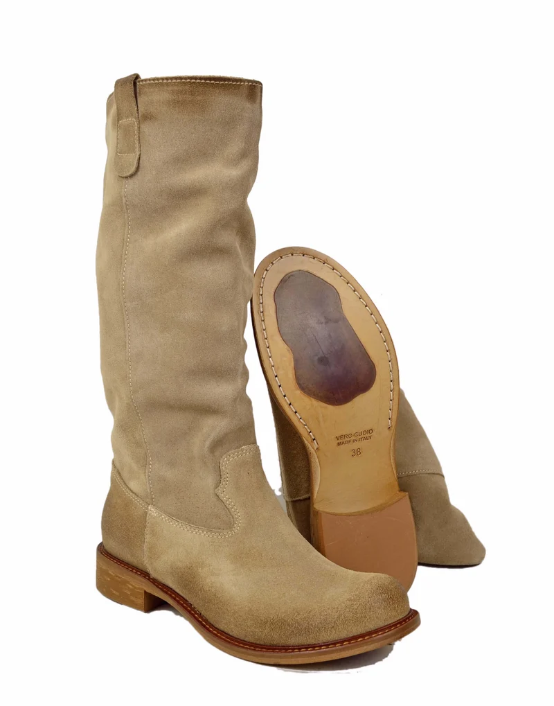 Stivali Biker Pelle Scamosciata Beige Morbido Suola Vero Cuoio