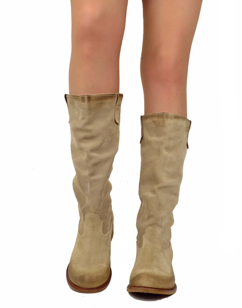 Stivali Biker Pelle Scamosciata Beige Morbido Suola Vero Cuoio