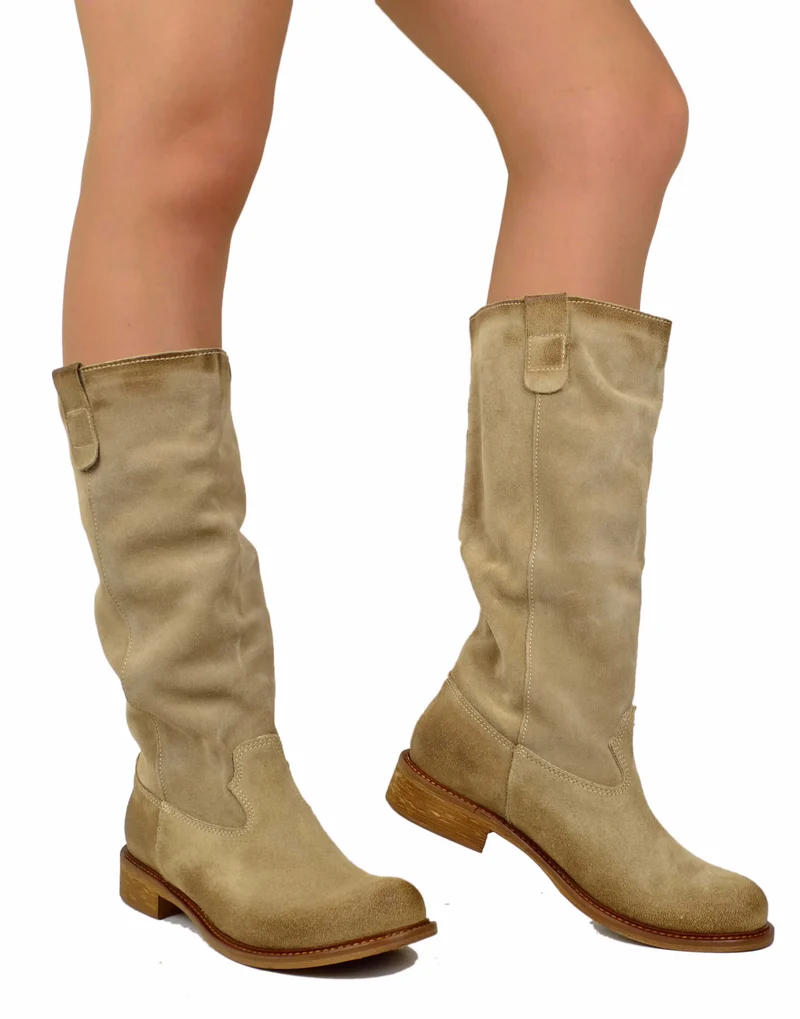 Stivali Biker Pelle Scamosciata Beige Morbido Suola Vero Cuoio