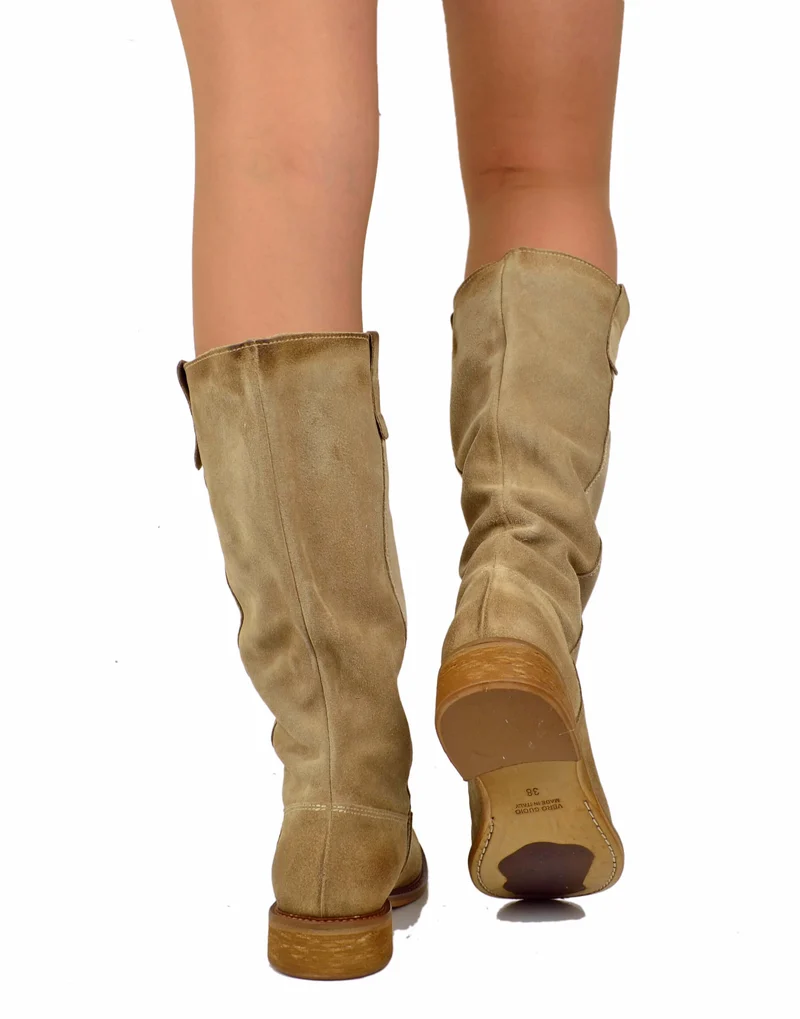Stivali Biker Pelle Scamosciata Beige Morbido Suola Vero Cuoio