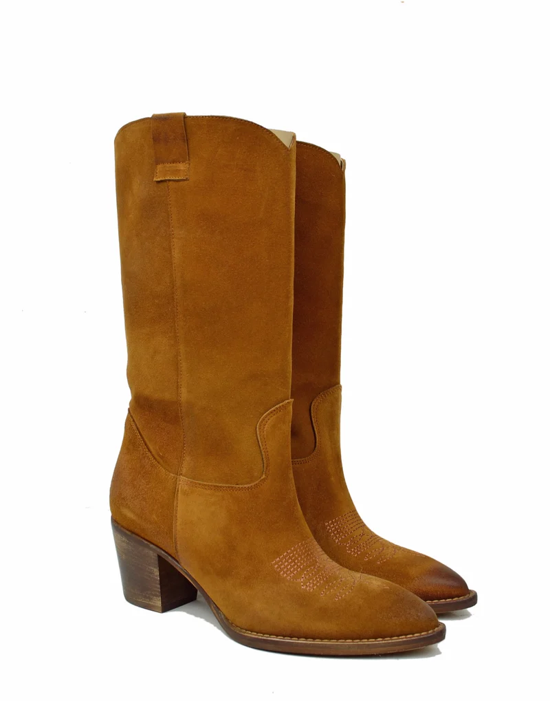 Stivali Texani in Stile Vintage Sixties Pelle Scamosciata Cuoio Tacco 7 cm