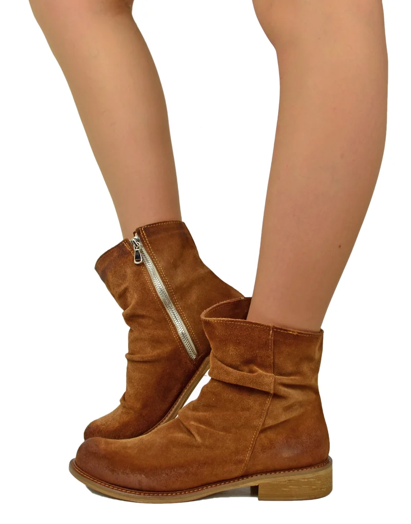 Stivaletti Donna Slouchy Plissettati Bassi Alla Caviglia Pelle Scamosciata Vero Cuoio