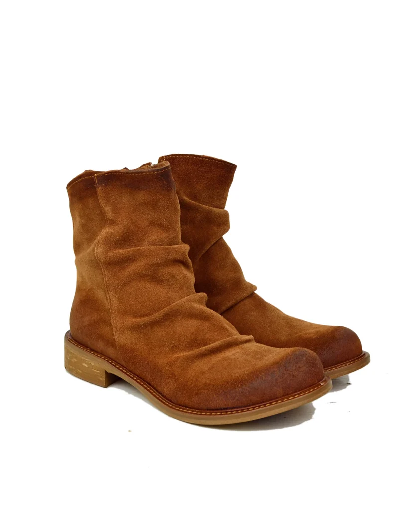 Stivaletti Donna Slouchy Plissettati Bassi Alla Caviglia Pelle Scamosciata Vero Cuoio
