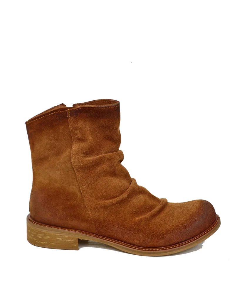 Stivaletti Donna Slouchy Plissettati Bassi Alla Caviglia Pelle Scamosciata Vero Cuoio