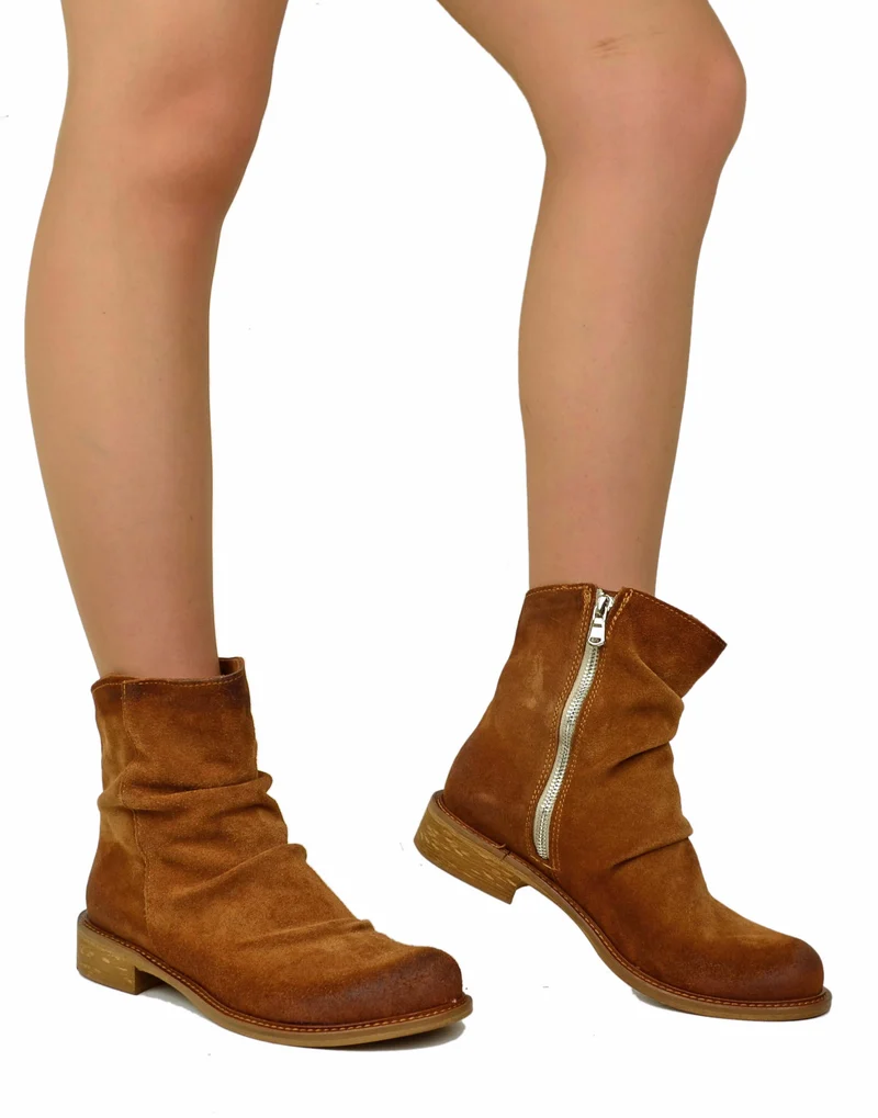 Stivaletti Donna Slouchy Plissettati Bassi Alla Caviglia Pelle Scamosciata Vero Cuoio