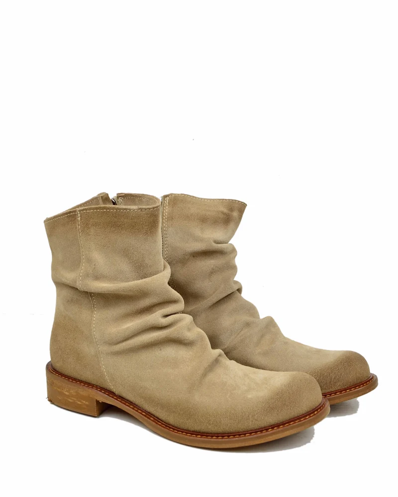 Stivaletti Donna Slouchy Plissettati Bassi Alla Caviglia Pelle Scamosciata Beige Vero Cuoio