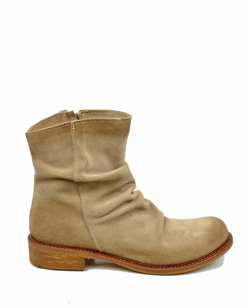Stivaletti Donna Slouchy Plissettati Bassi Alla Caviglia Pelle Scamosciata Beige Vero Cuoio