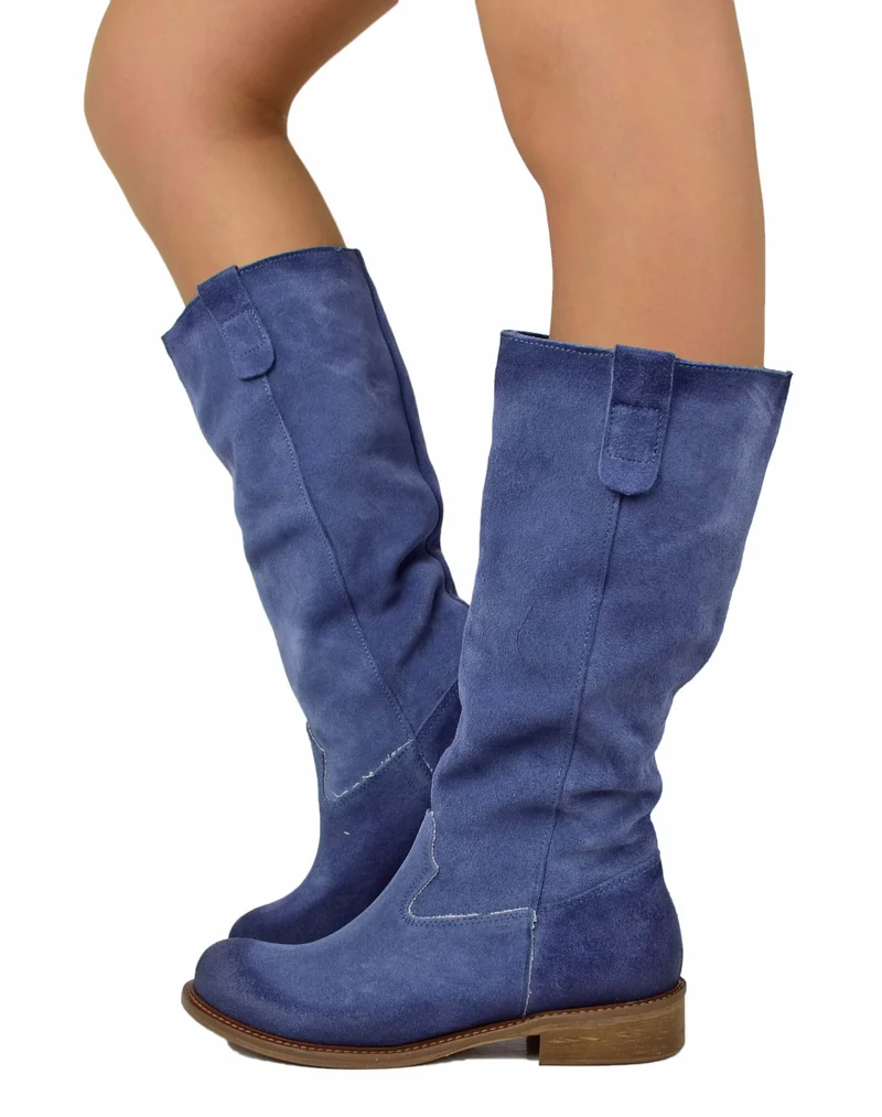 Stivali Biker Pelle Scamosciata Blu Jeans Morbido Suola Vero Cuoio