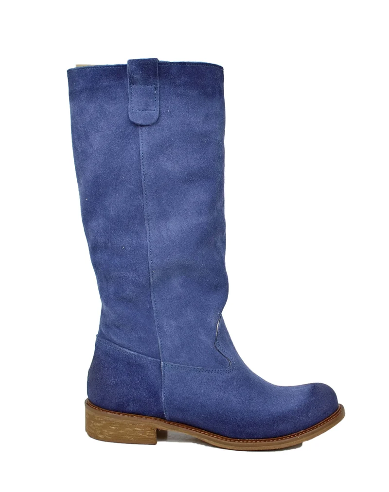 Stivali Biker Pelle Scamosciata Blu Jeans Morbido Suola Vero Cuoio