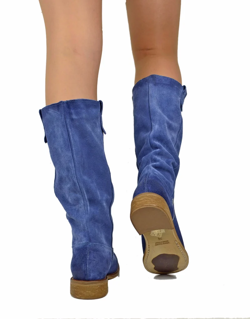 Stivali Biker Pelle Scamosciata Blu Jeans Morbido Suola Vero Cuoio