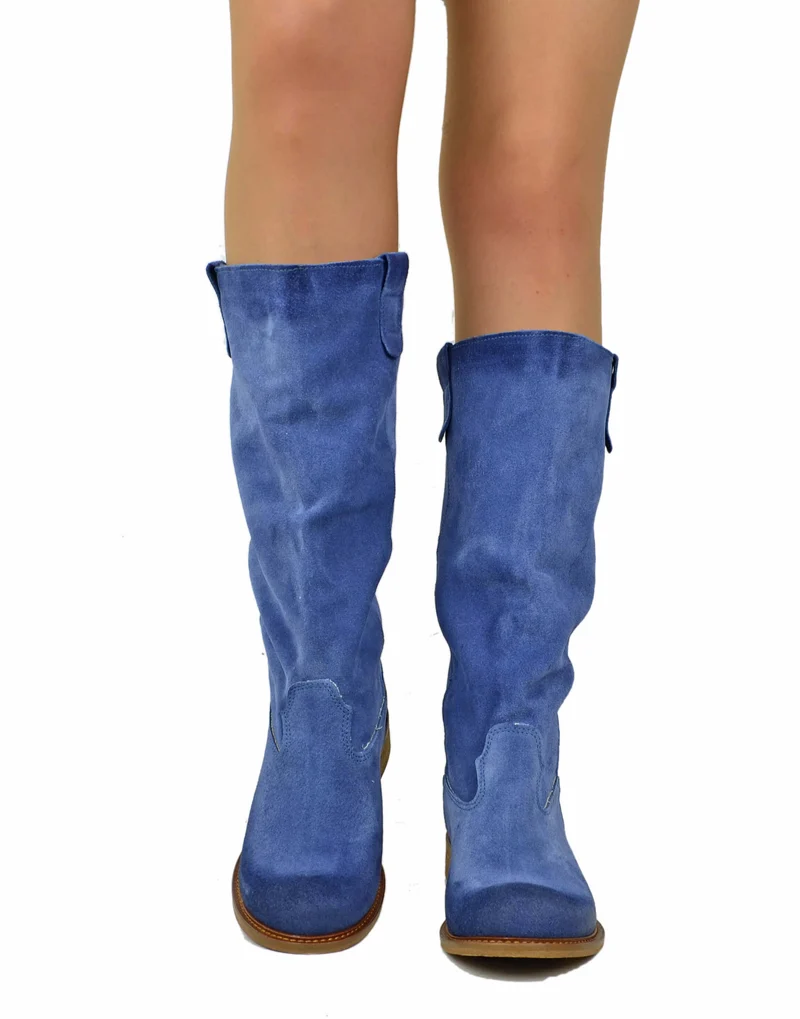 Stivali Biker Pelle Scamosciata Blu Jeans Morbido Suola Vero Cuoio