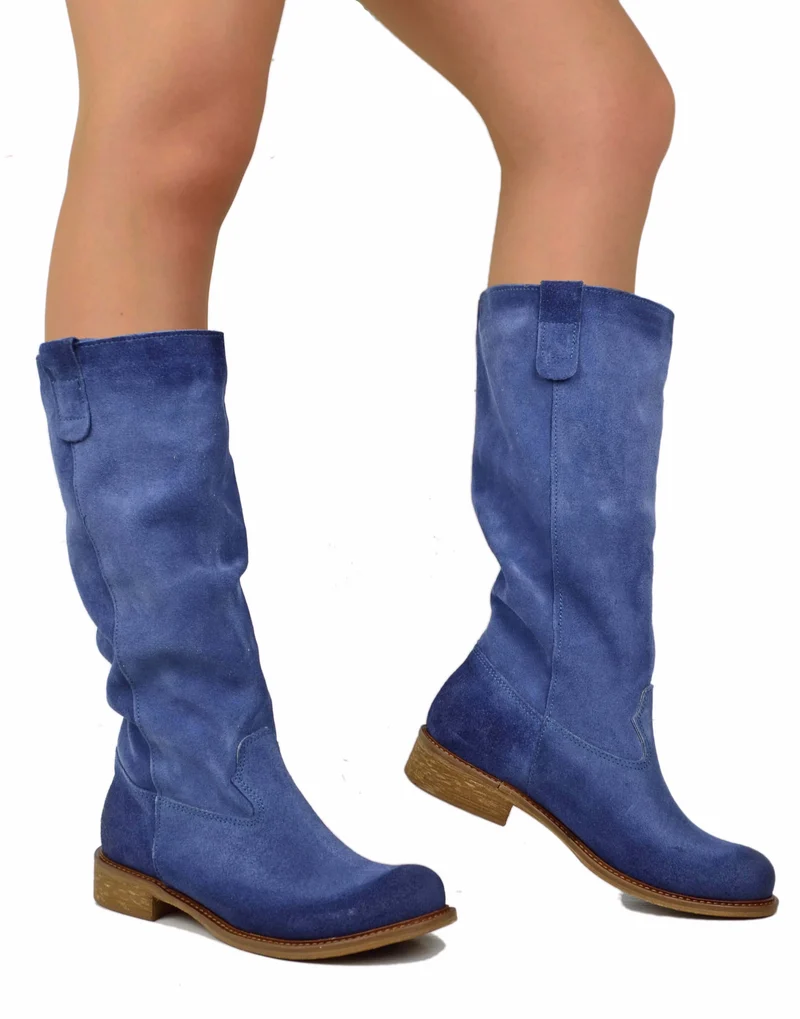 Stivali Biker Pelle Scamosciata Blu Jeans Morbido Suola Vero Cuoio