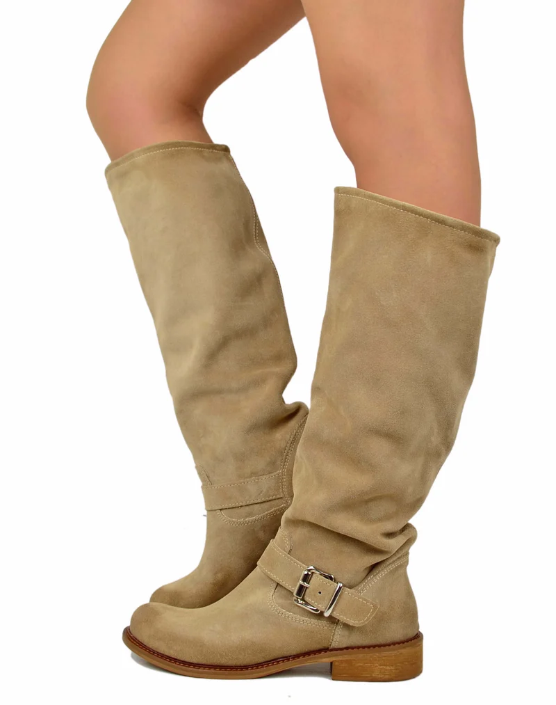 Stivali Biker Estivi Sfoderati Gambale a Fisarmonica Pelle Scamosciata Beige