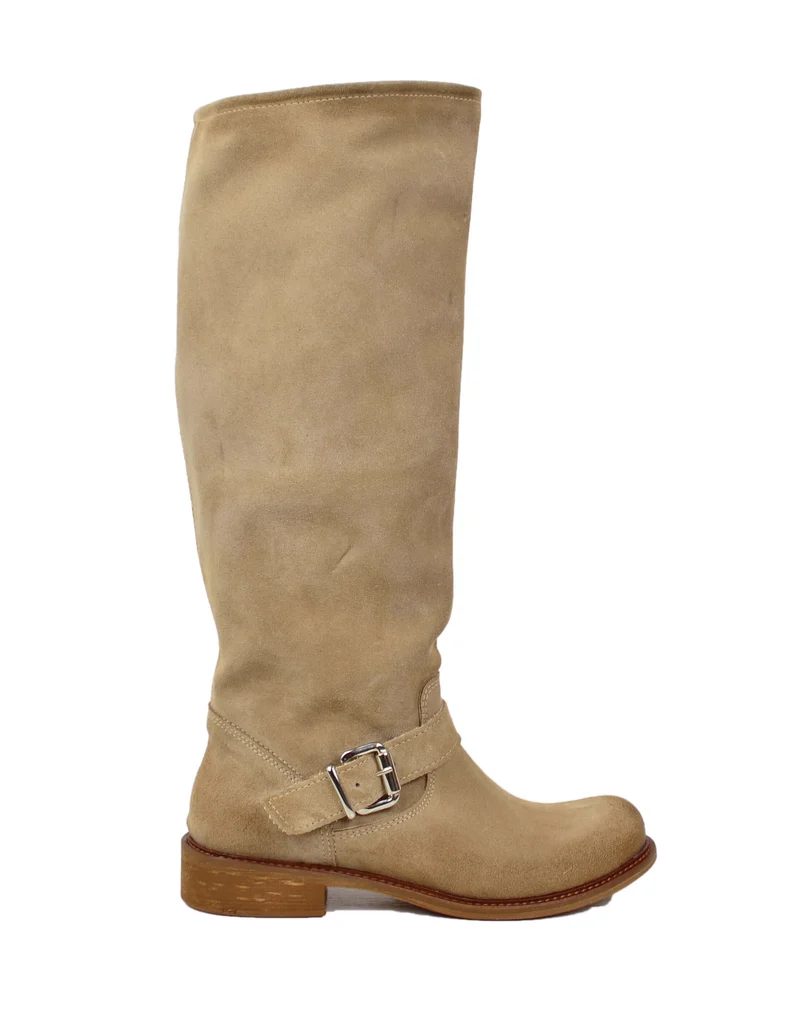 Stivali Biker Estivi Sfoderati Gambale a Fisarmonica Pelle Scamosciata Beige