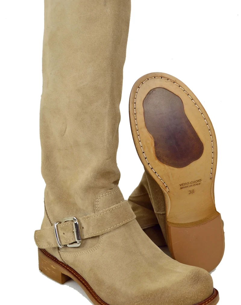 Stivali Biker Estivi Sfoderati Gambale a Fisarmonica Pelle Scamosciata Beige