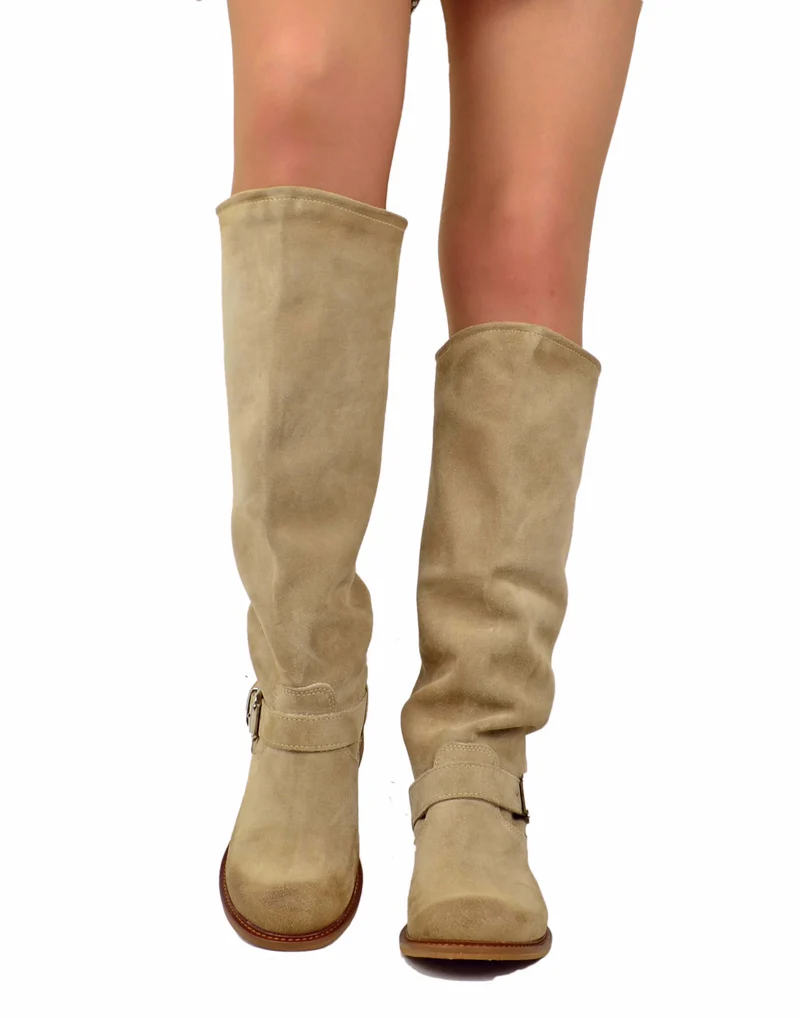 Stivali Biker Estivi Sfoderati Gambale a Fisarmonica Pelle Scamosciata Beige