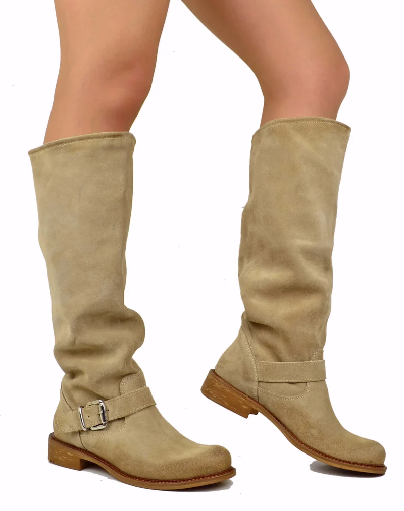 Stivali Biker Estivi Sfoderati Gambale a Fisarmonica Pelle Scamosciata Beige