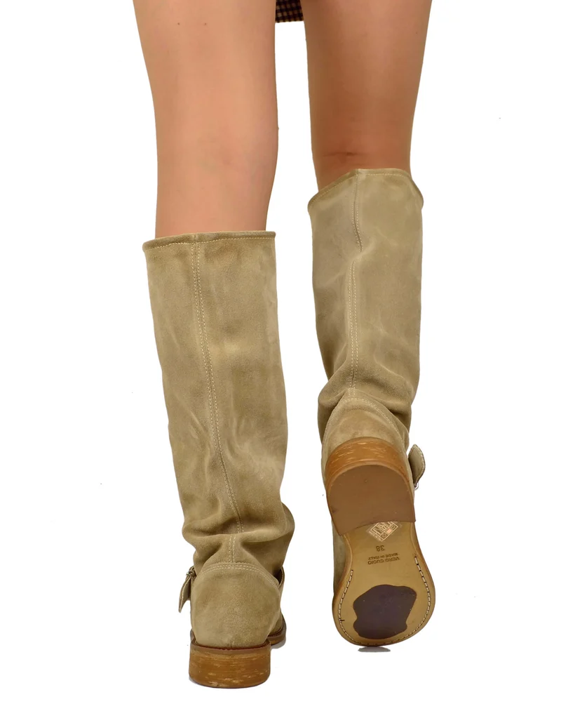 Stivali Biker Estivi Sfoderati Gambale a Fisarmonica Pelle Scamosciata Beige
