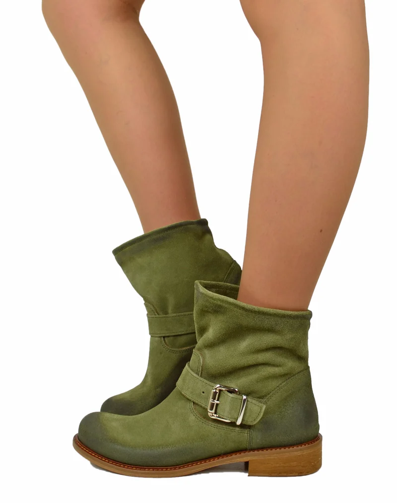 Stivaletti Biker alla Caviglia Bassi Sfoderati Ultraleggeri Pelle Scamosciata Verde Militare