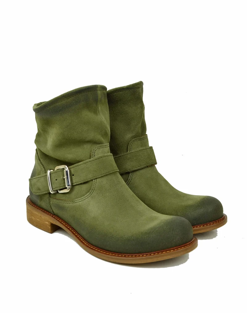 Stivaletti Biker alla Caviglia Bassi Sfoderati Ultraleggeri Pelle Scamosciata Verde Militare