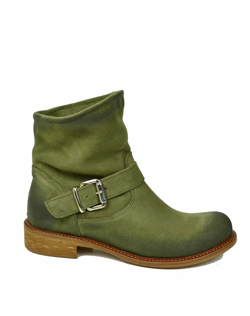 Stivaletti Biker alla Caviglia Bassi Sfoderati Ultraleggeri Pelle Scamosciata Verde Militare