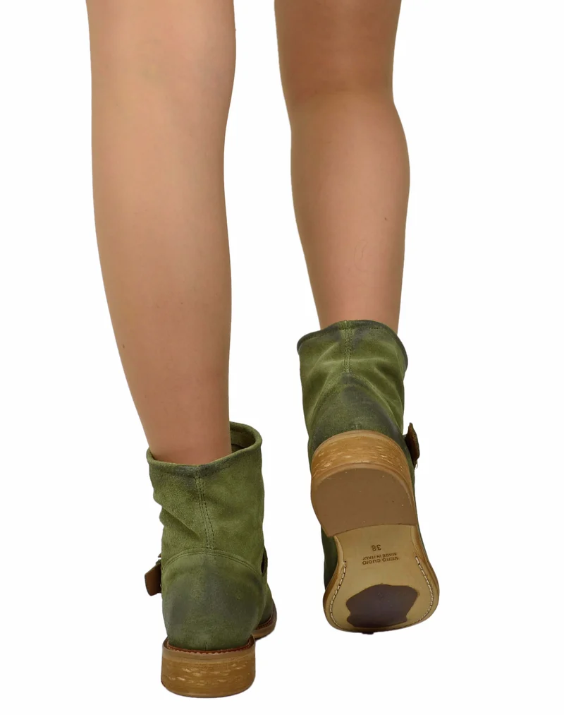 Stivaletti Biker alla Caviglia Bassi Sfoderati Ultraleggeri Pelle Scamosciata Verde Militare