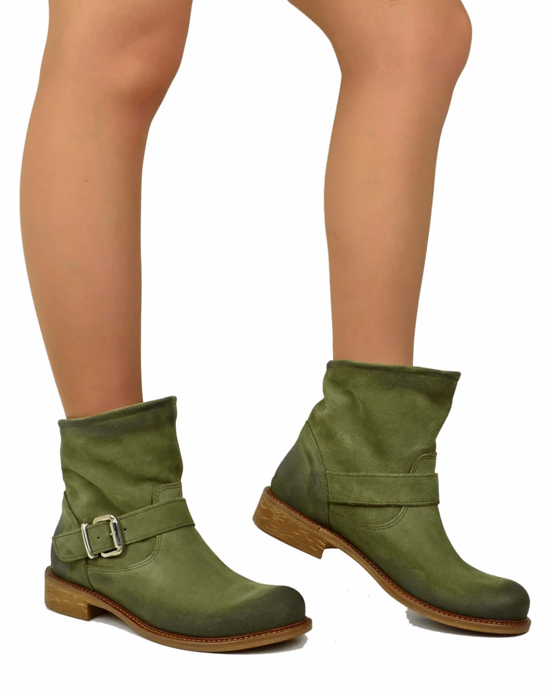 Stivaletti Biker alla Caviglia Bassi Sfoderati Ultraleggeri Pelle Scamosciata Verde Militare