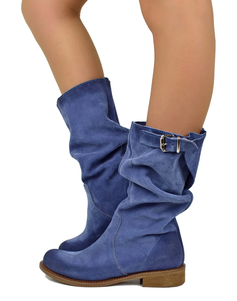 Stivali Biker con Polpaccio Regolabile L suola VERO CUOIO Pelle Scamosciata Jeans