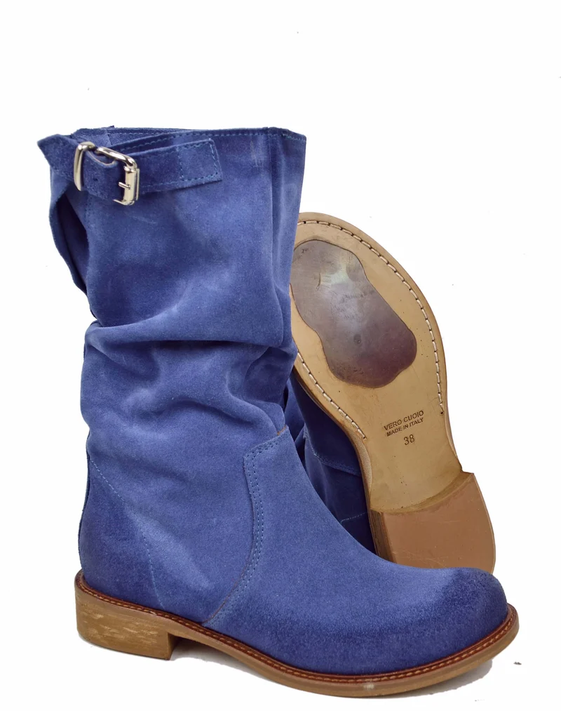 Stivali Biker con Polpaccio Regolabile L suola VERO CUOIO Pelle Scamosciata Jeans