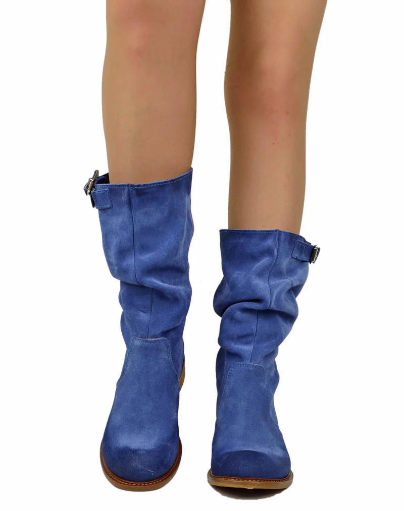 Stivali Biker con Polpaccio Regolabile L suola VERO CUOIO Pelle Scamosciata Jeans