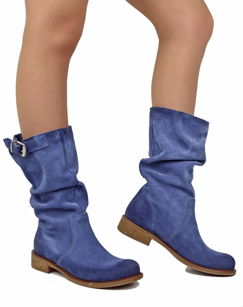 Stivali Biker con Polpaccio Regolabile L suola VERO CUOIO Pelle Scamosciata Jeans
