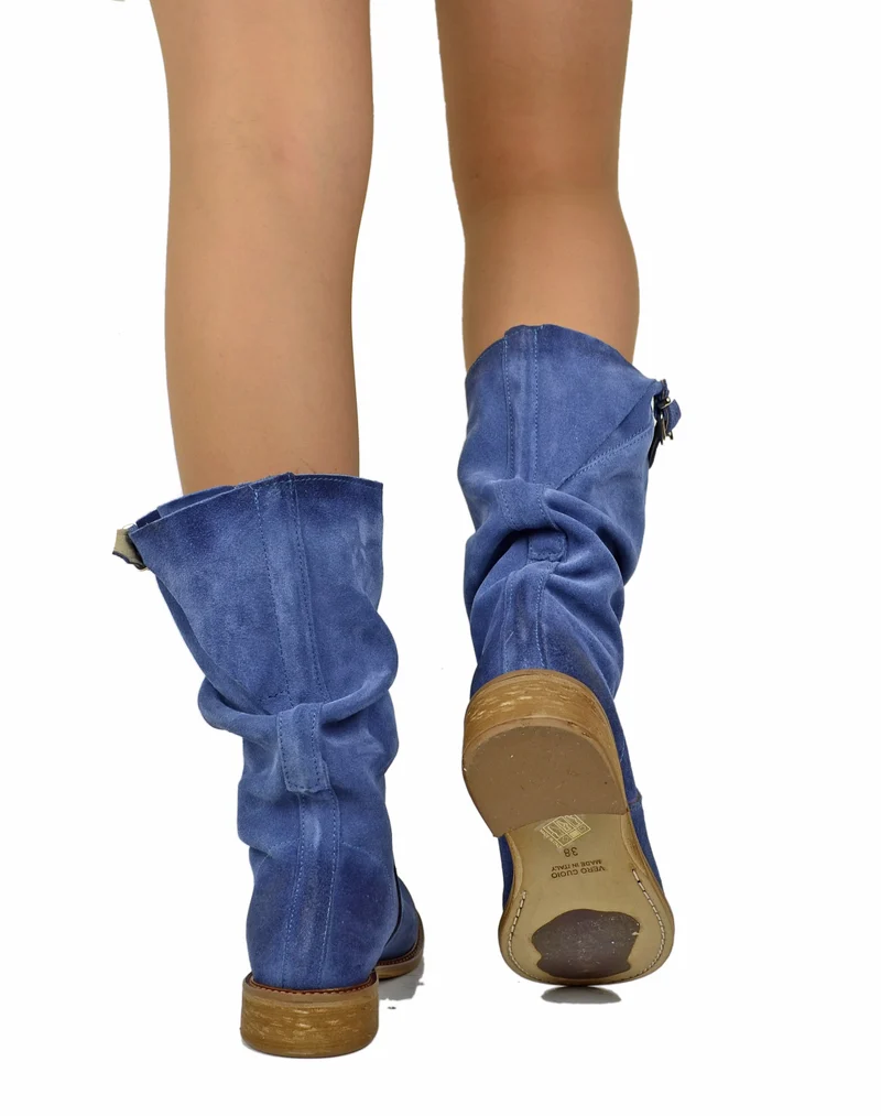 Stivali Biker con Polpaccio Regolabile L suola VERO CUOIO Pelle Scamosciata Jeans