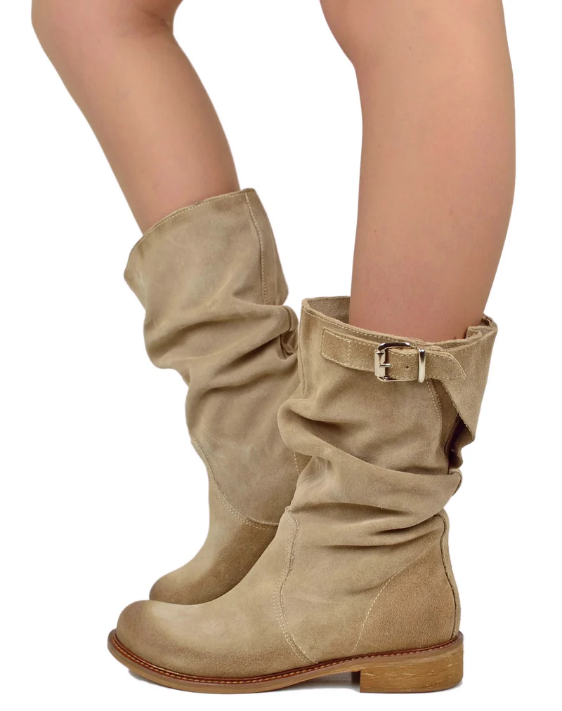 Stivali Biker con Polpaccio Regolabile L suola VERO CUOIO Pelle Scamosciata Beige