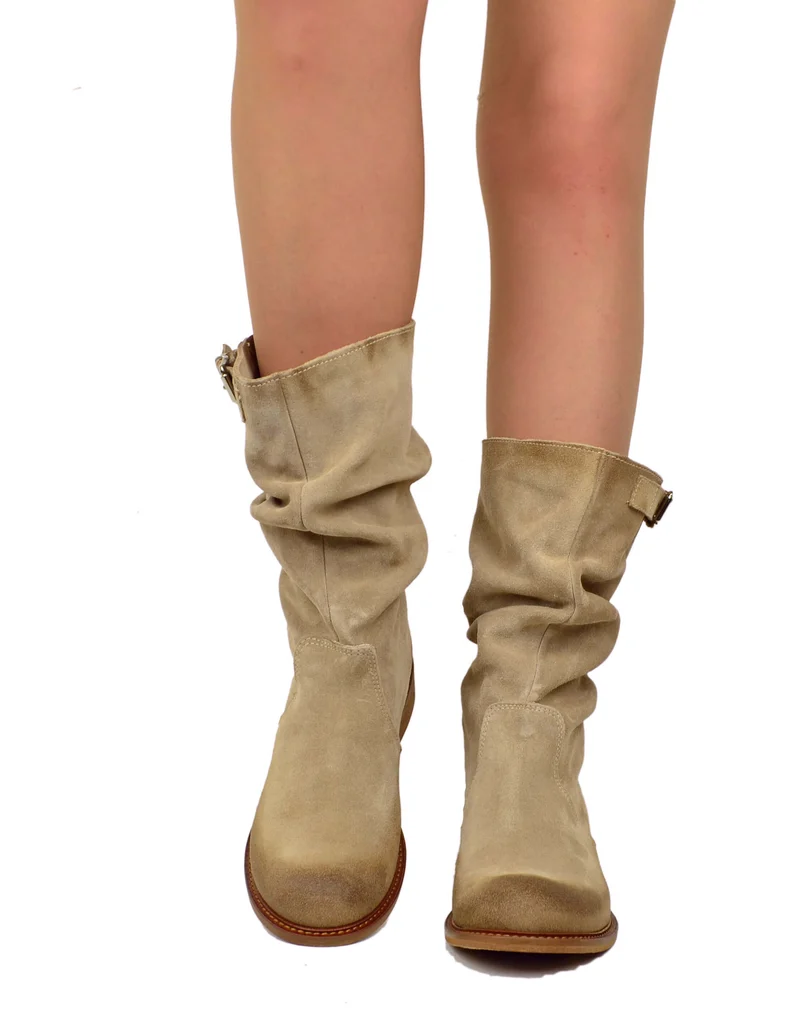 Stivali Biker con Polpaccio Regolabile L suola VERO CUOIO Pelle Scamosciata Beige