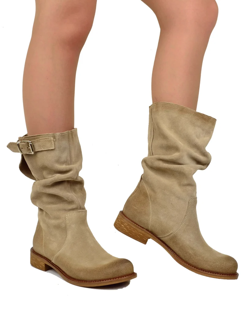 Stivali Biker con Polpaccio Regolabile L suola VERO CUOIO Pelle Scamosciata Beige