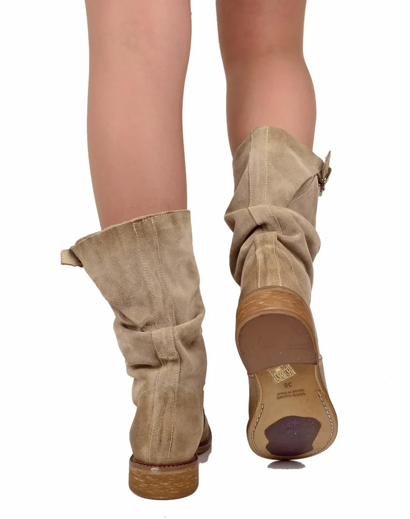 Stivali Biker con Polpaccio Regolabile L suola VERO CUOIO Pelle Scamosciata Beige