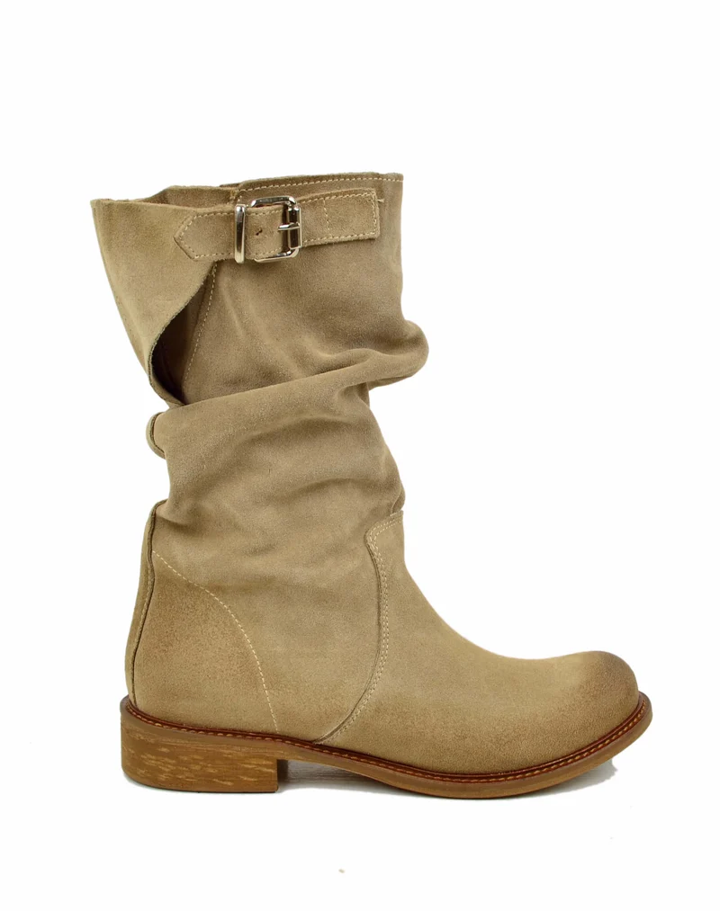 Stivali Biker con Polpaccio Regolabile L suola VERO CUOIO Pelle Scamosciata Beige