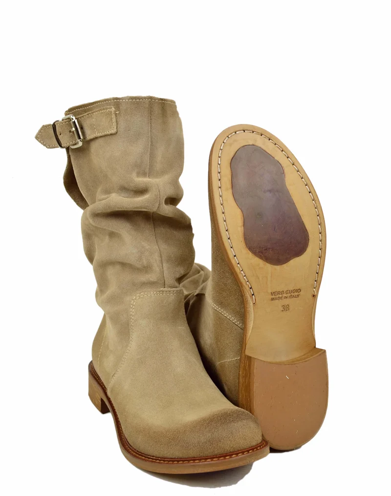 Stivali Biker con Polpaccio Regolabile L suola VERO CUOIO Pelle Scamosciata Beige