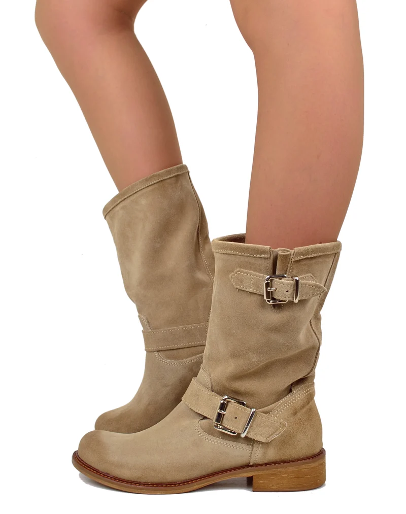Stivali Biker Estivi Beige Pelle Sfoderata Gambale Morbido Fondo Vero Cuoio