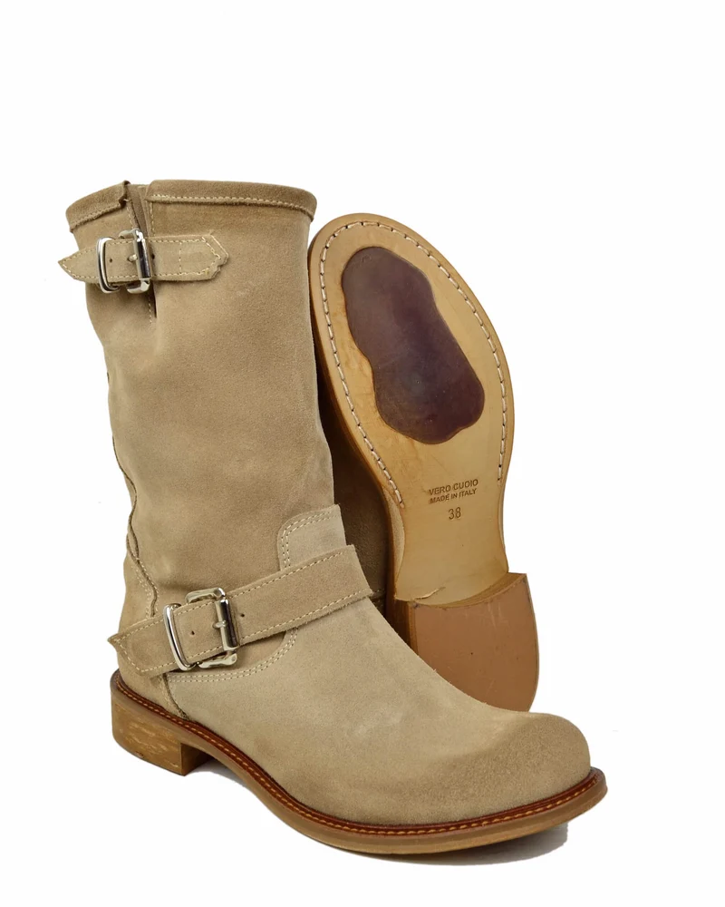 Stivali Biker Estivi Beige Pelle Sfoderata Gambale Morbido Fondo Vero Cuoio
