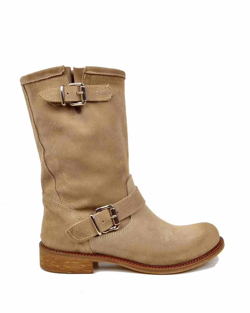 Stivali Biker Estivi Beige Pelle Sfoderata Gambale Morbido Fondo Vero Cuoio