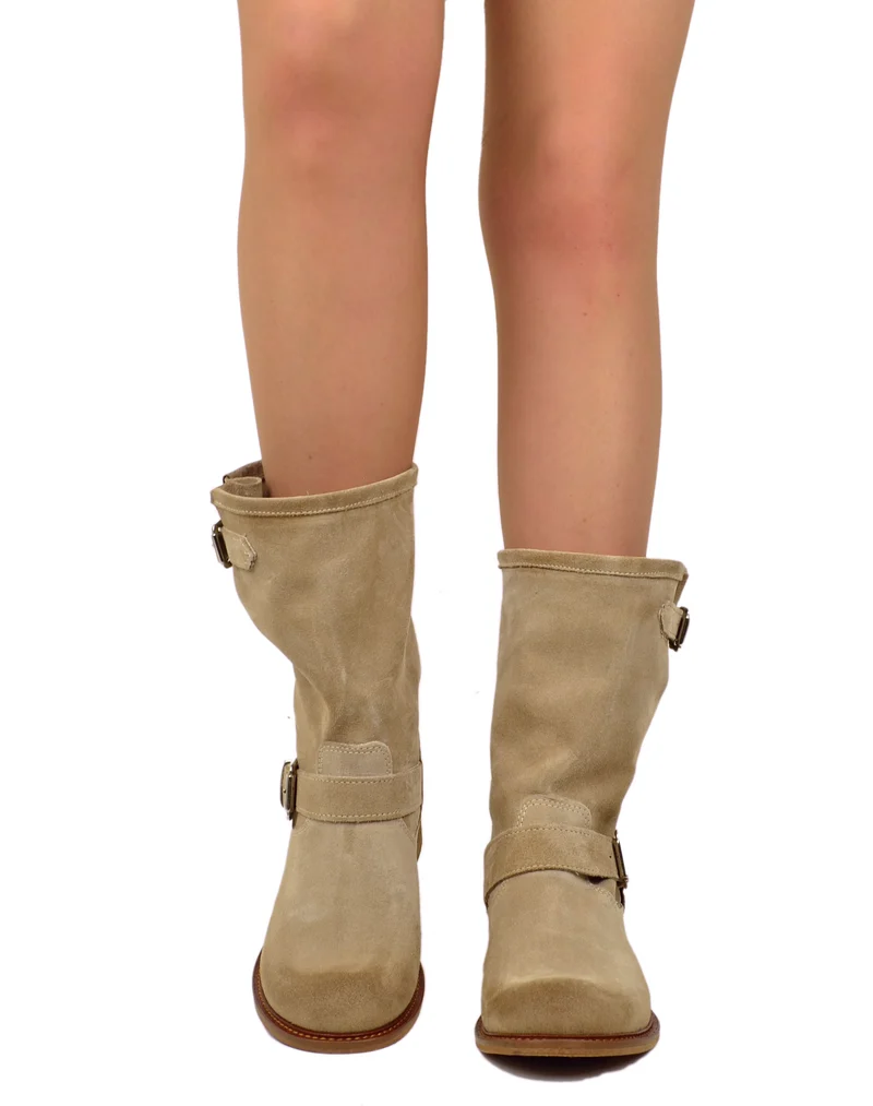 Stivali Biker Estivi Beige Pelle Sfoderata Gambale Morbido Fondo Vero Cuoio