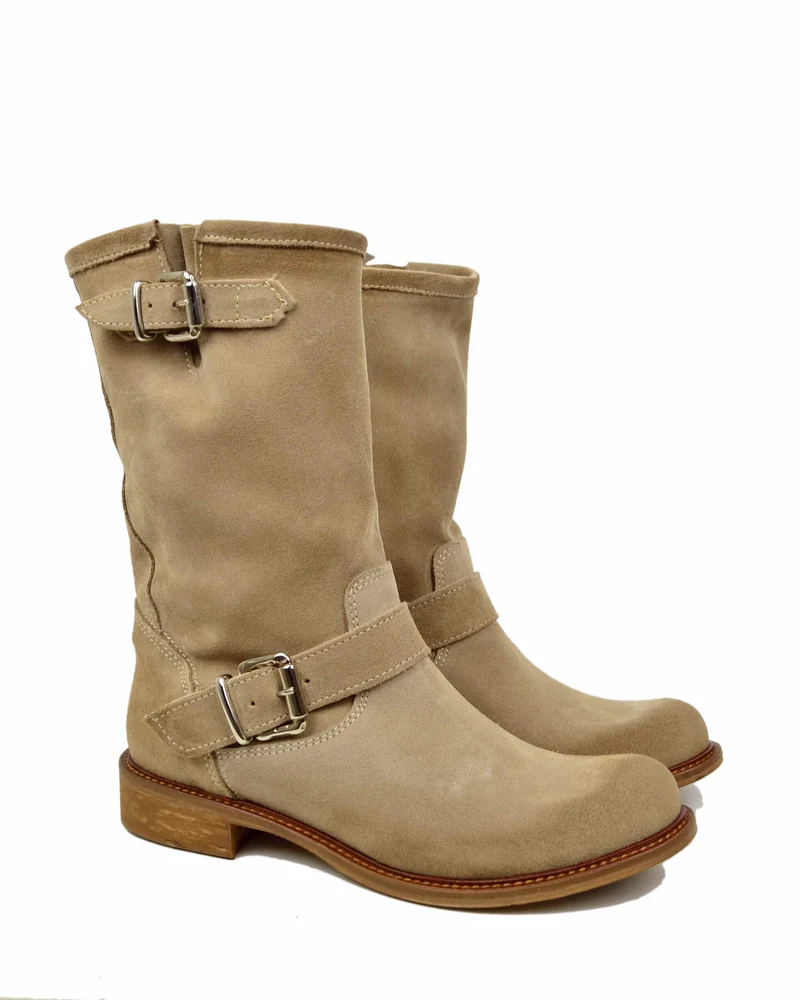 Stivali Biker Estivi Beige Pelle Sfoderata Gambale Morbido Fondo Vero Cuoio