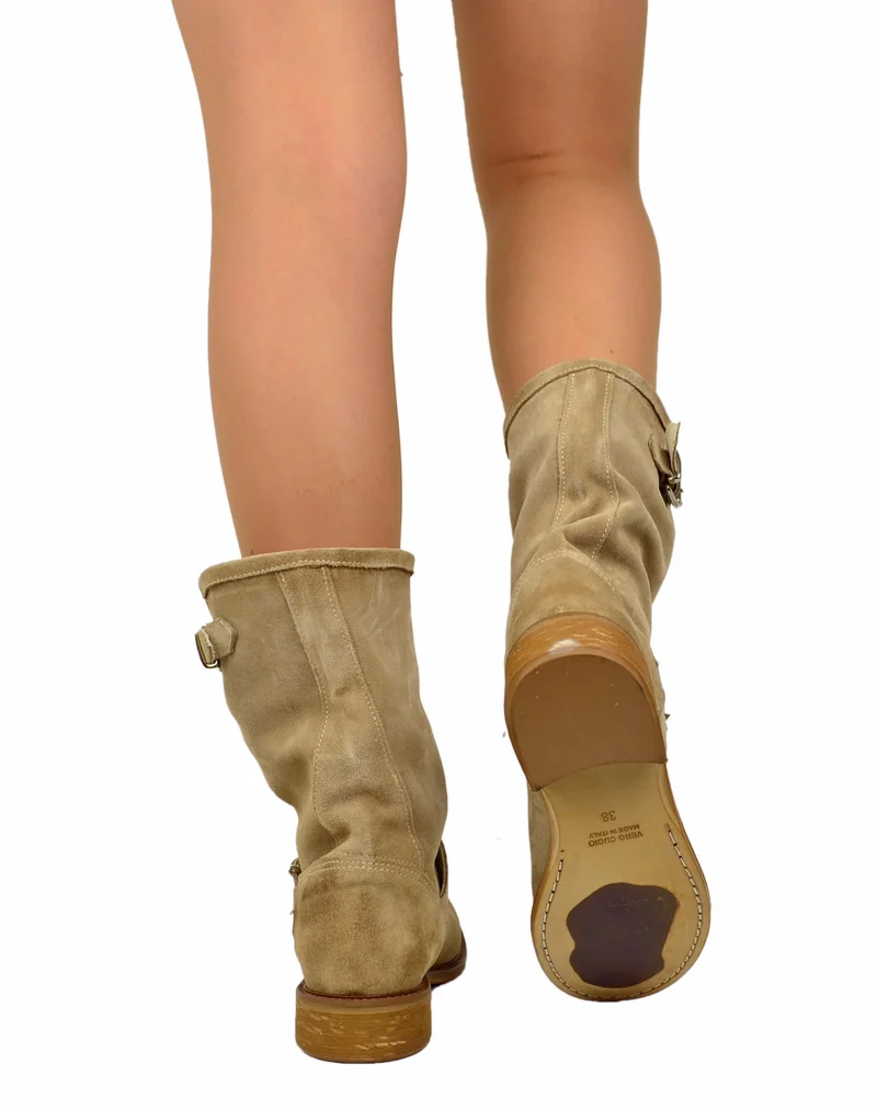 Stivali Biker Estivi Beige Pelle Sfoderata Gambale Morbido Fondo Vero Cuoio