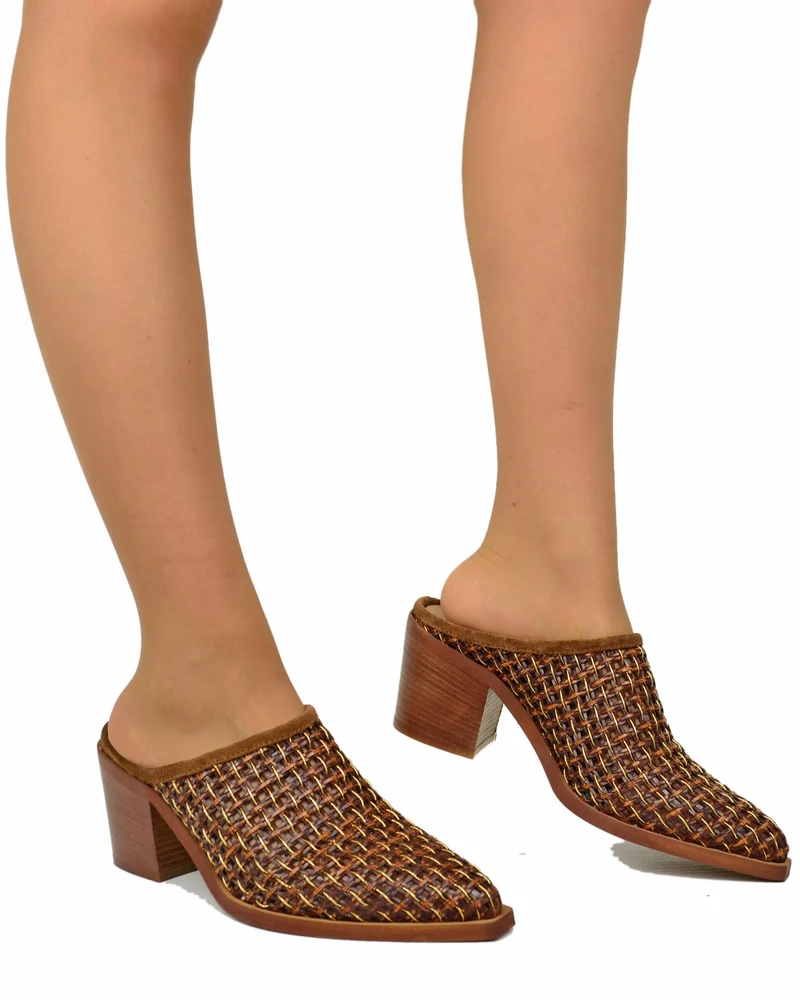 Sabot Donna Intrecciato Tacco 7 cm Estivo Leggero Traforato Vera Pelle Cuoio