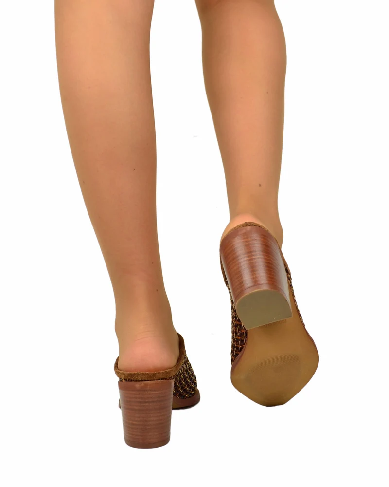 Sabot Donna Intrecciato Tacco 7 cm Estivo Leggero Traforato Vera Pelle Cuoio