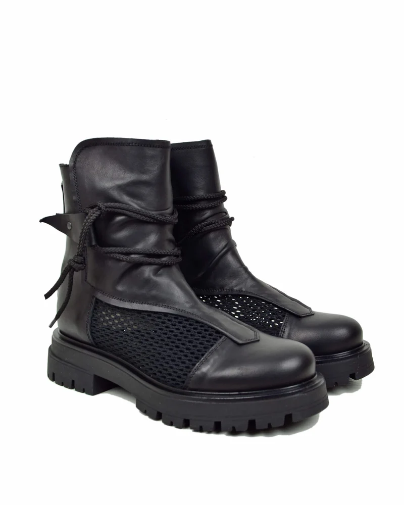 Stivali Anfibi Platform Underground Flat Rete Estivi Traforati Vera Pelle Neri