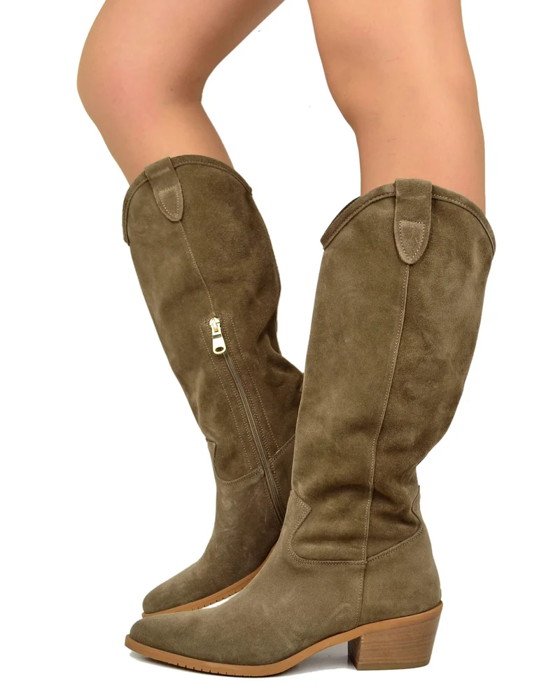 Stivali Texani Camperos Taupe con Zip Laterale Gambale Sfoderato Morbidi