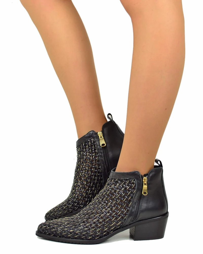 Stivaletti Bassi Intrecciati Estivi Tacco 5 cm Doppia Zip Laterale Pianta Larga Neri